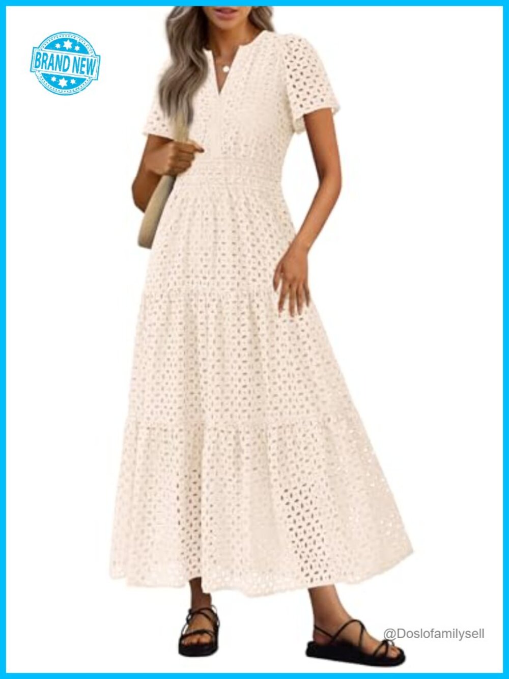 Eyelet Maxi Dress Short Sleeve V Neck A Line Boho Beach Vacation